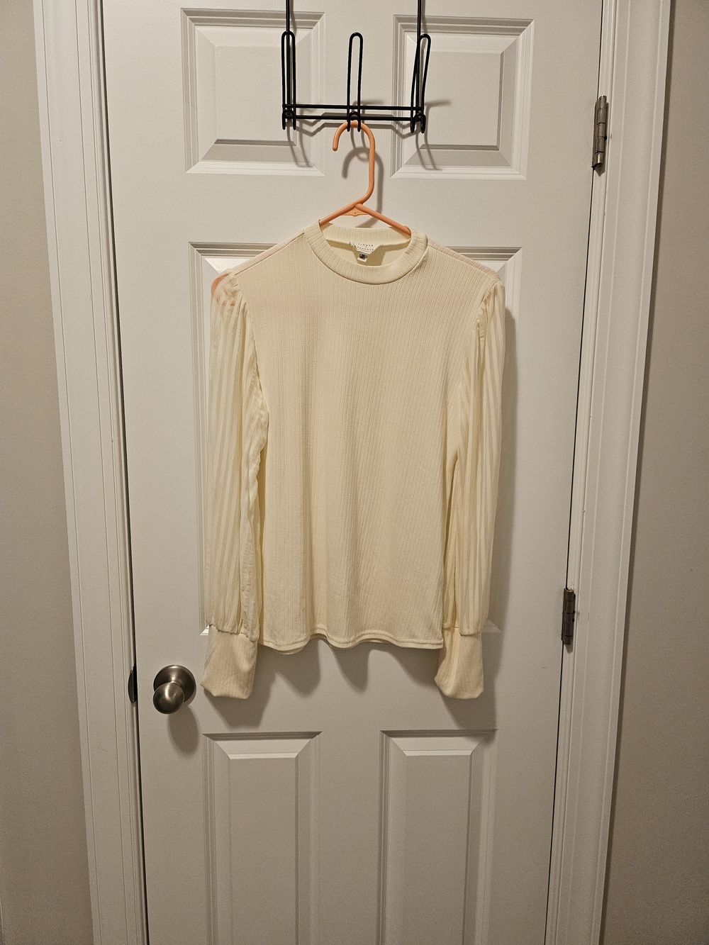 Flower And Festher Light Cream Ribbed Long-Sleeve Mock Neck Top